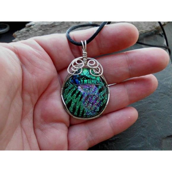 Handmade Sterling Wrapped Dichroic Glass Pendant - Picture 3 of 5